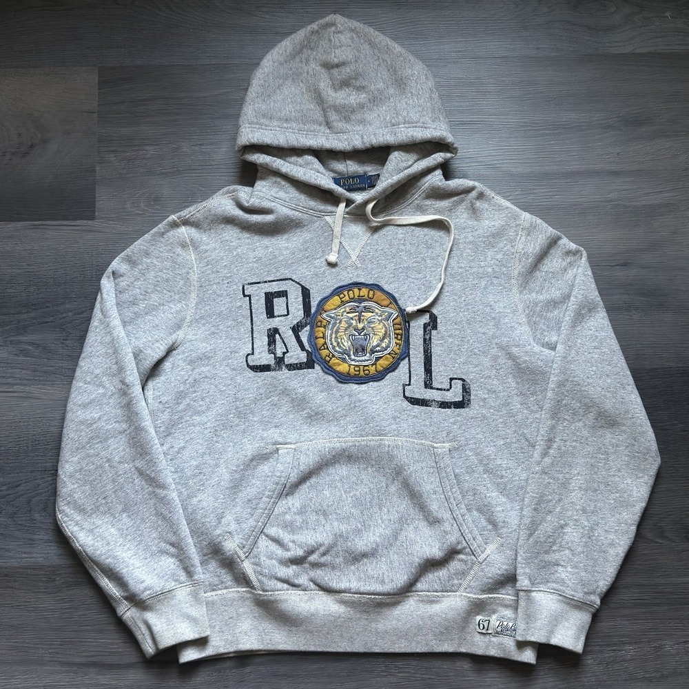 Polo Ralph Lauren RL Roaring Tiger Varsity Hoodie Mens M Heather Gray Collegiate